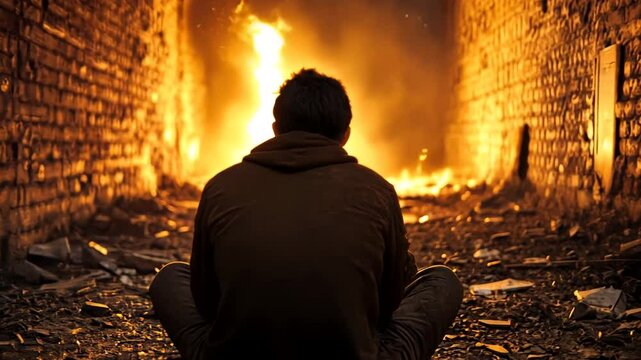 A man sits in a fire-lit alley, symbolizing introspection and chaos, related to Guy Fawkes Night and transformation