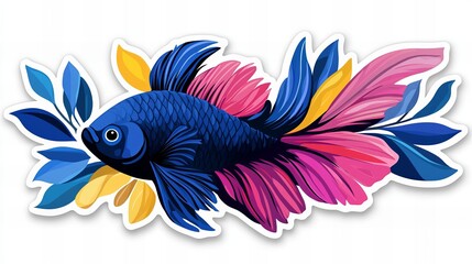 Obraz premium Vibrant betta fish with colorful fins, surrounded by stylized floral elements. A stunning piece of digital art.