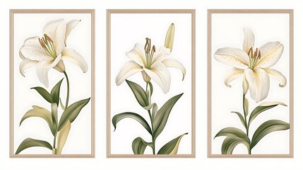 Triptych of elegant white lilies in beige frames.