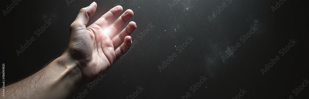 Aufkleber A Hand Reaches For A Soft Focus Light Source Against A Textured Black And White Background With Ample Copy Space Available. 00002