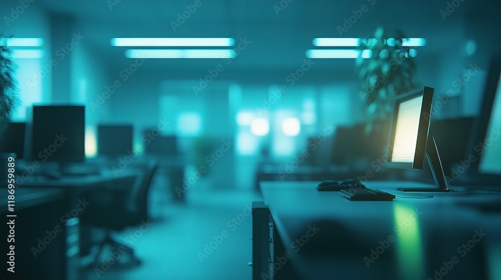 Poster soft and inviting office environment with desks and computers