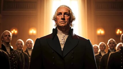 A regal, historical scene features a Caucasian male in 18th-century attire, evoking Independence Day themes