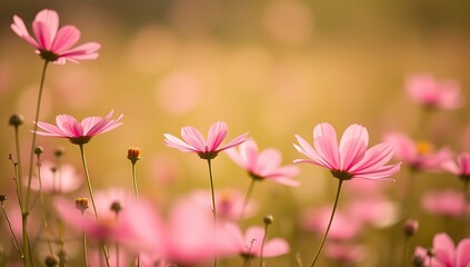 Fototapeta premium Pink cosmos flowers in a field at sunset.
