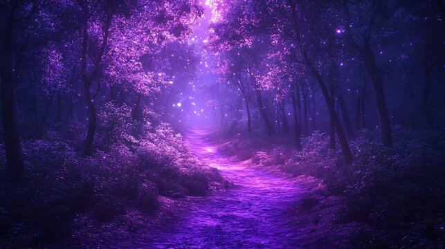 Magical purple forest path at night.