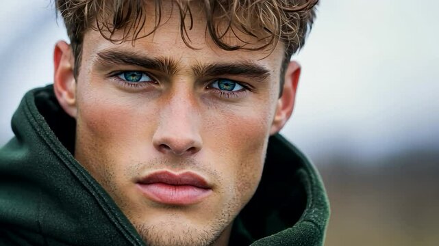 A young Caucasian man with intense blue eyes wearing a green hoodie outdoors, perfect for winter fashion and self-reflection themes