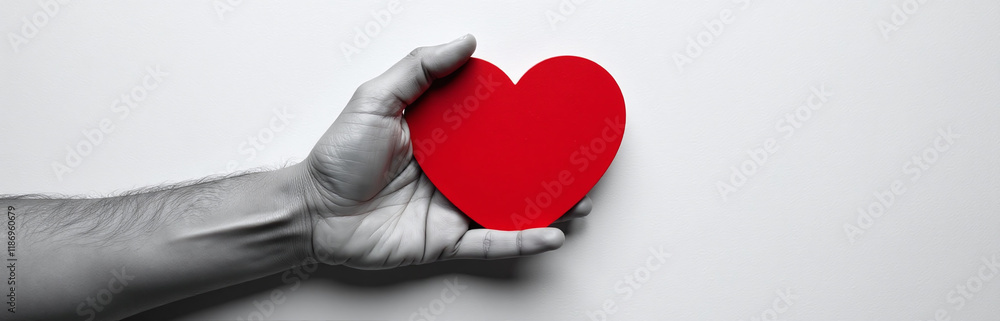 Poster a hand in black and white makes a gesture of protection above a red heart on a textured background. 