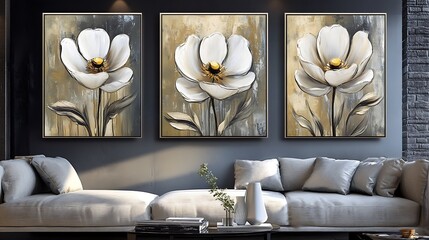 Triptych of white flowers on beige background, displayed in modern living room.
