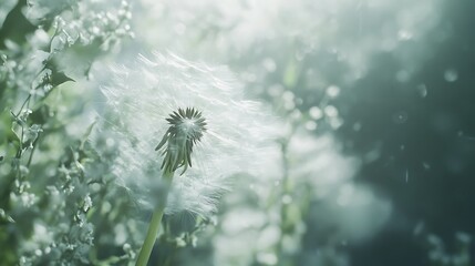 Dandelion seed head dispersing seeds in gentle breeze.