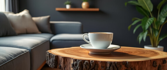 white coffee cup on a wood-slice table a modern living room
