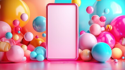 Vibrant smartphone display surrounded by colorful spheres in a playful setting