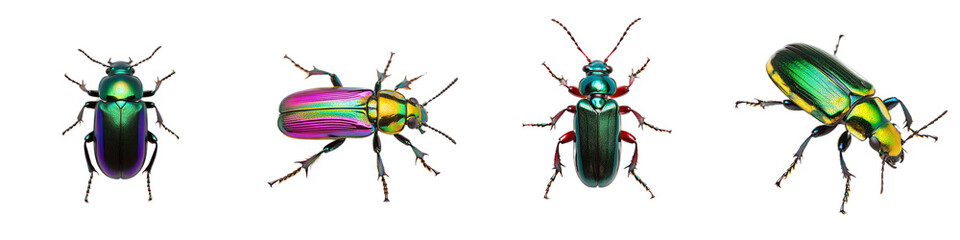 Colorful Metallic Beetles in Detailed Illustration on a Black Background