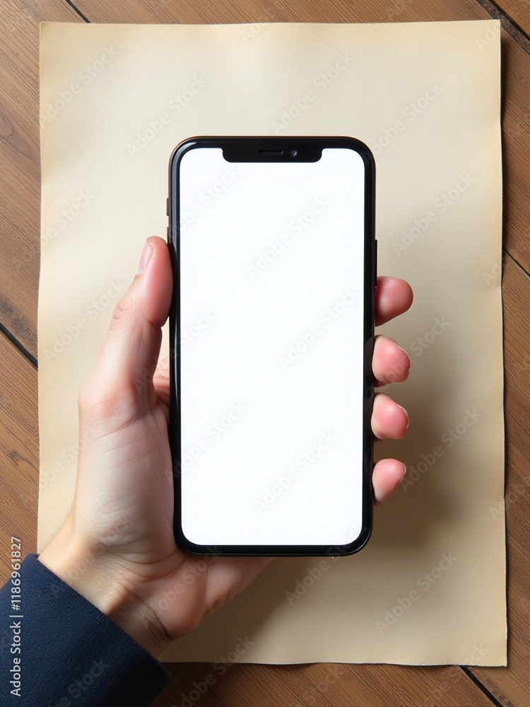 Aufkleber a hand holding a smartphone on textured paper with copy space, ideal for text overlay or design elem