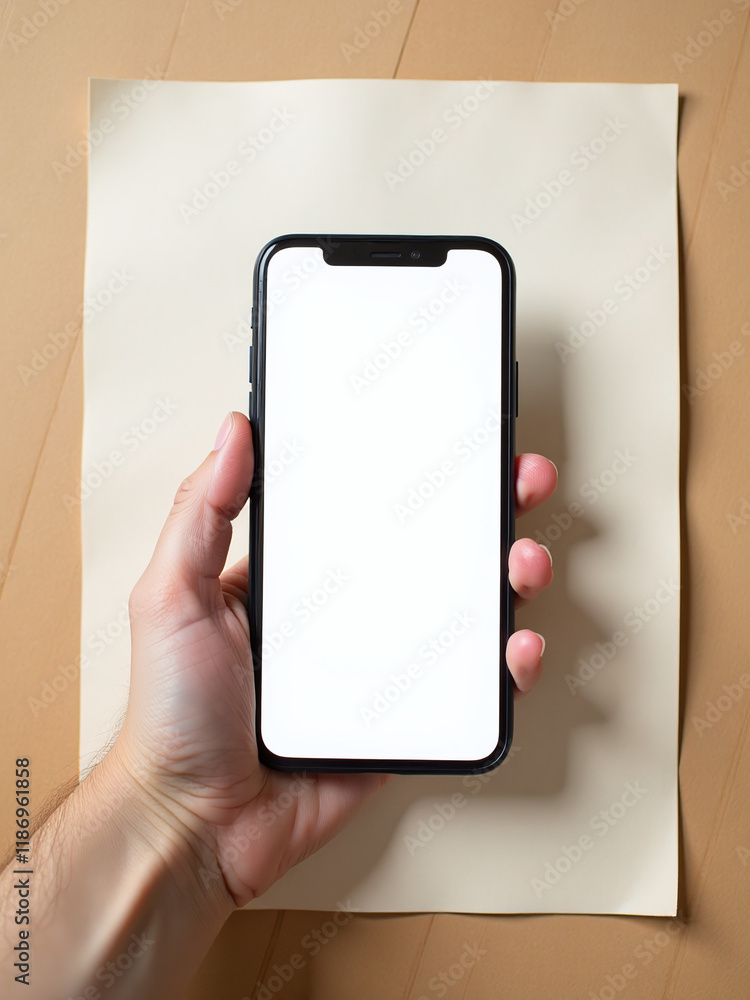 Poster a hand holding a smartphone on textured paper with copy space, ideal for text overlay or design elem