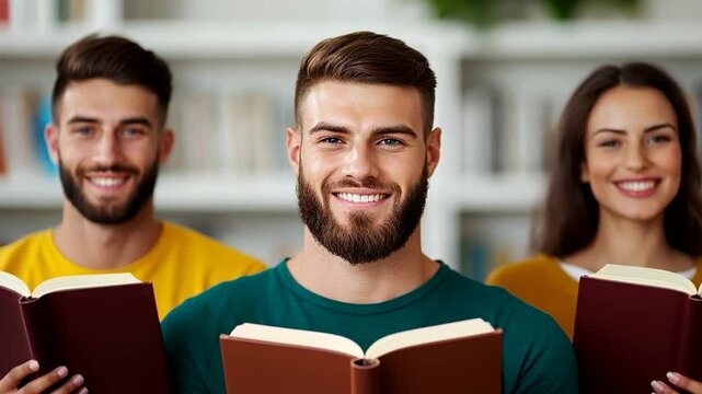 A group of smiling Caucasian men and women holding books, symbolizing education and International Literacy Day - Powered by Adobe