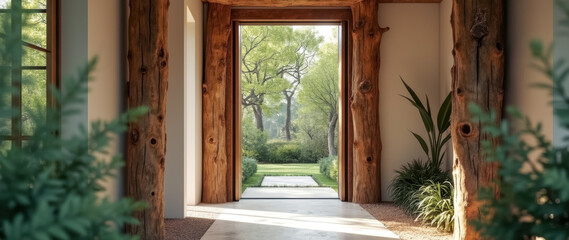 sunlit interior with wooden beams garden view