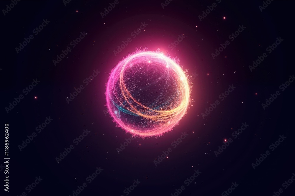 Poster abstract representation of glowing particles and light effects creating a vibrant cosmic sphere with