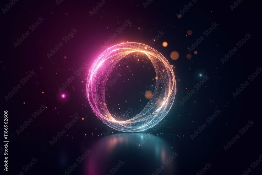 Poster abstract light particles in circular shape with colorful glow against dark background for creative a
