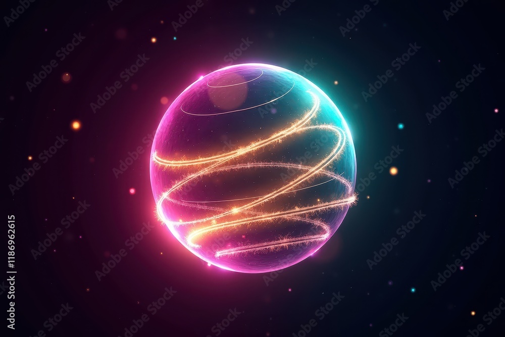 Poster ethereal light sphere with swirling particles captured in a cosmic space, illuminating vibrant color