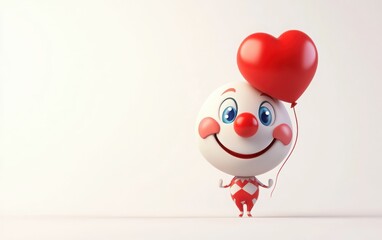 Fototapeta premium Adorable 3D emoji clown face with a red nose, blue eyes, holding a heart-shaped balloon, simple design, flat shading, white isolated background 