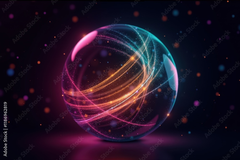 Poster ethereal light particles surrounding a transparent sphere with colorful trails and glowing effects a