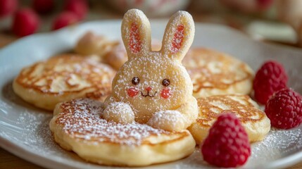 Adorable Bunny Shaped Pancakes With Raspberries