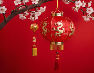 Chinese New Year lantern, Chinese New Year with red background, AI-generated