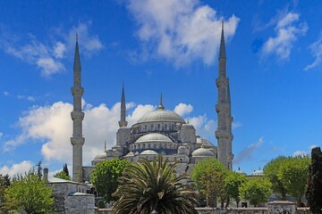 Exterior view of Sultan Ahmed Mosque with minarets and trees