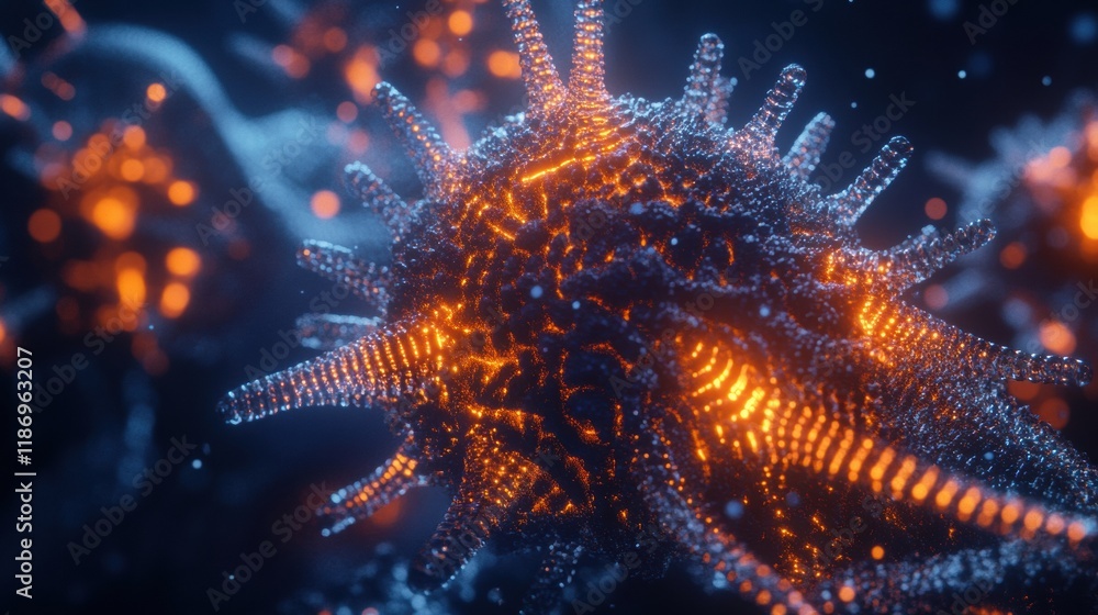 Poster Detailed 3D visualization of a virus structure revealing capsid features and glowing RNA strands in a captivating display. Generative AI