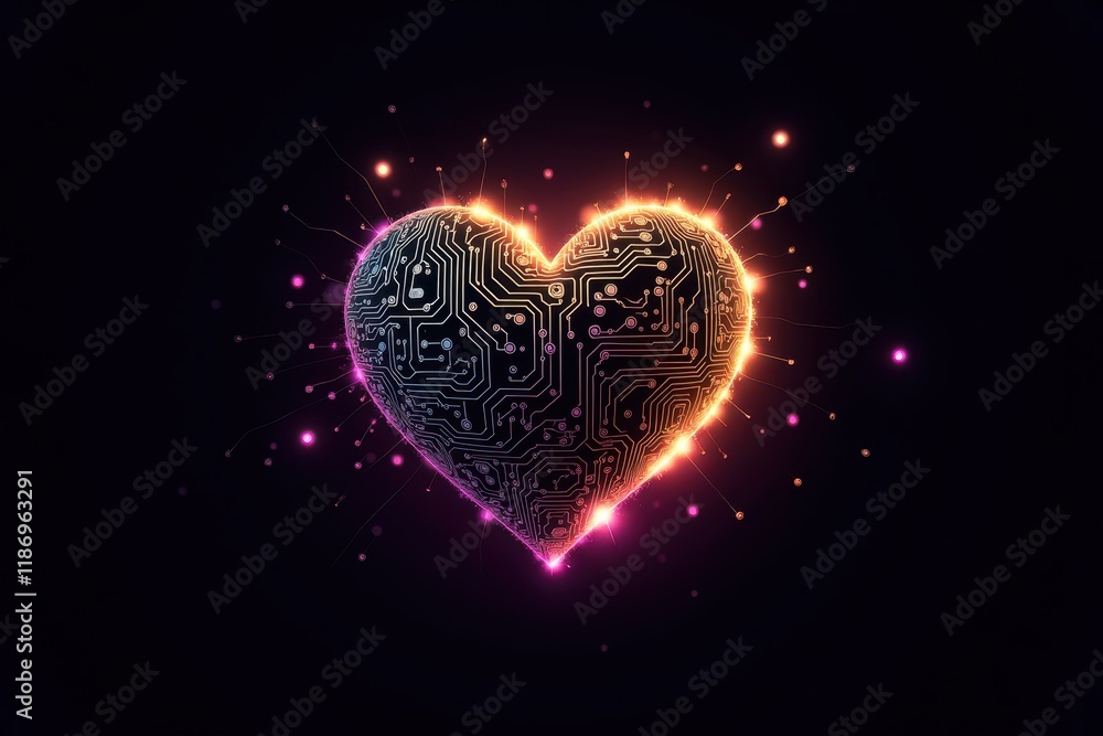 Poster glowing heart with circuit patterns and light effects representing technology and emotion in a moder