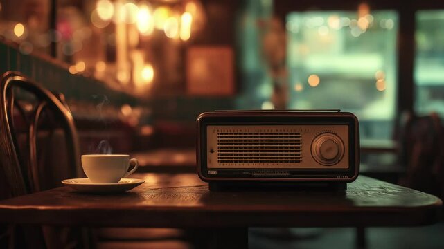 radio on a table with a cup a coffee, ornaments lighting background animation