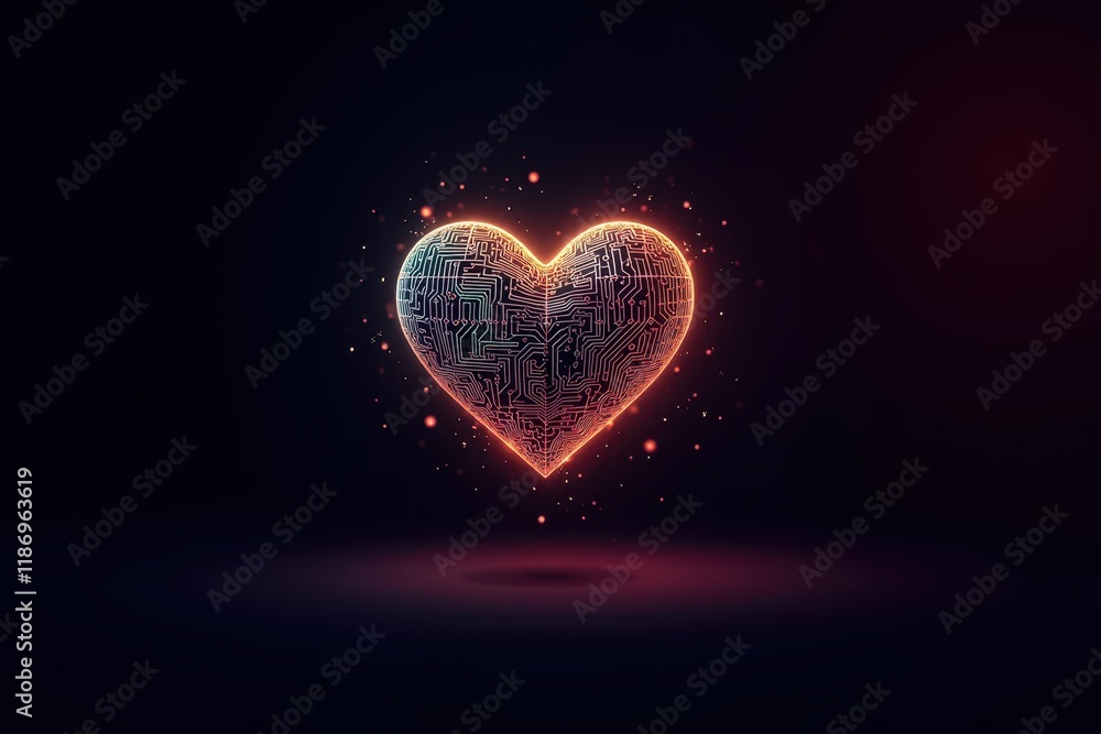 Poster glowing heart design with neon lights and circuit patterns in a dark background, symbolizing technol