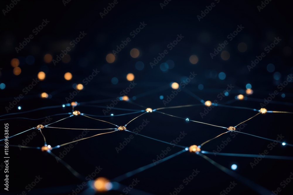 Poster abstract representation of digital network grid with illuminated nodes and connections for technolog