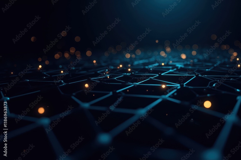 Poster abstract depiction of a digital grid network with glowing particles creating a futuristic atmosphere