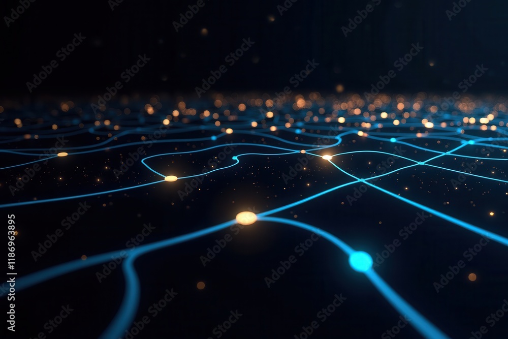 Poster abstract representation of a futuristic digital network grid with glowing nodes connected by bright 