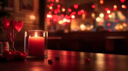 A romantic scene with red Valentine's Day decorations in the background, a candle on a table, and a blank central space for adding personalized content