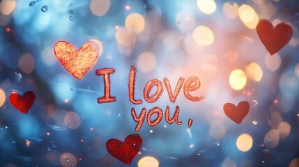 A romantic handwritten message of "I love you," framed by hearts, with a blurred background and high-quality graphics, in ultra-high-definition resolution