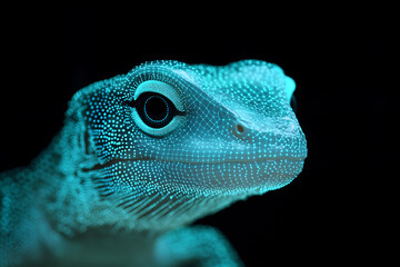 Fototapeta premium Glowing wireframe a monitor lizard on a transparent background, highlighted by a combination of blue and black data points, showcasing intricate polygonal details and a futuristic aesthetic.