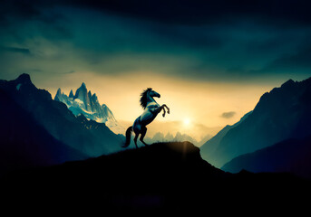 Fototapeta premium silhouette of a horse at sunset canyon wild west background illustration