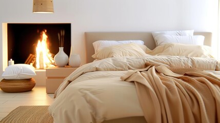 Fototapeta premium Cozy Modern Bedroom with Beige Bedding and Fireplace in Loft Interior Design