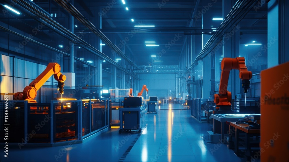 Aufkleber modern robotic arms welding and assembling products on an automated production line in an advanced, 