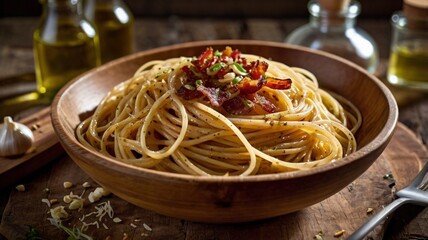 Spaghetti with thick-cut bacon slices, saut&eacute;ed garlic, olive oil, and chili flakes, served in a rustic wooden bowl.