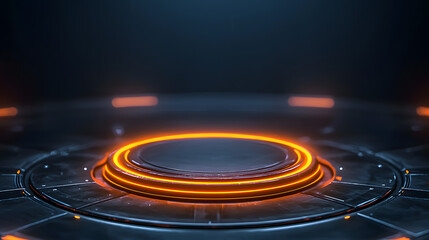 Obraz premium Futuristic Platform with Glowing Ring: A mesmerizing, futuristic platform with a glowing orange ring, perfect for showcasing products or concepts in a sci-fi or tech-inspired setting.