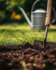 Shovel in freshly tilled soil with watering can in garden.