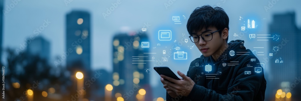 Poster young man is holding a smartphone with augmented reality icons of social media and apps floating aro