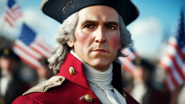 A historical reenactor dressed in 18th-century military uniform stands solemnly in front of American flags, symbolizing Independence Day and American history