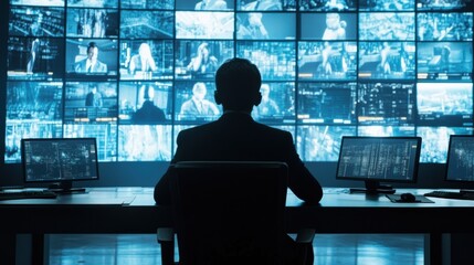 Silhouette of a security operator working at night in system control room monitoring multiple screens showing data and surveillance cameras, ensuring safety and security