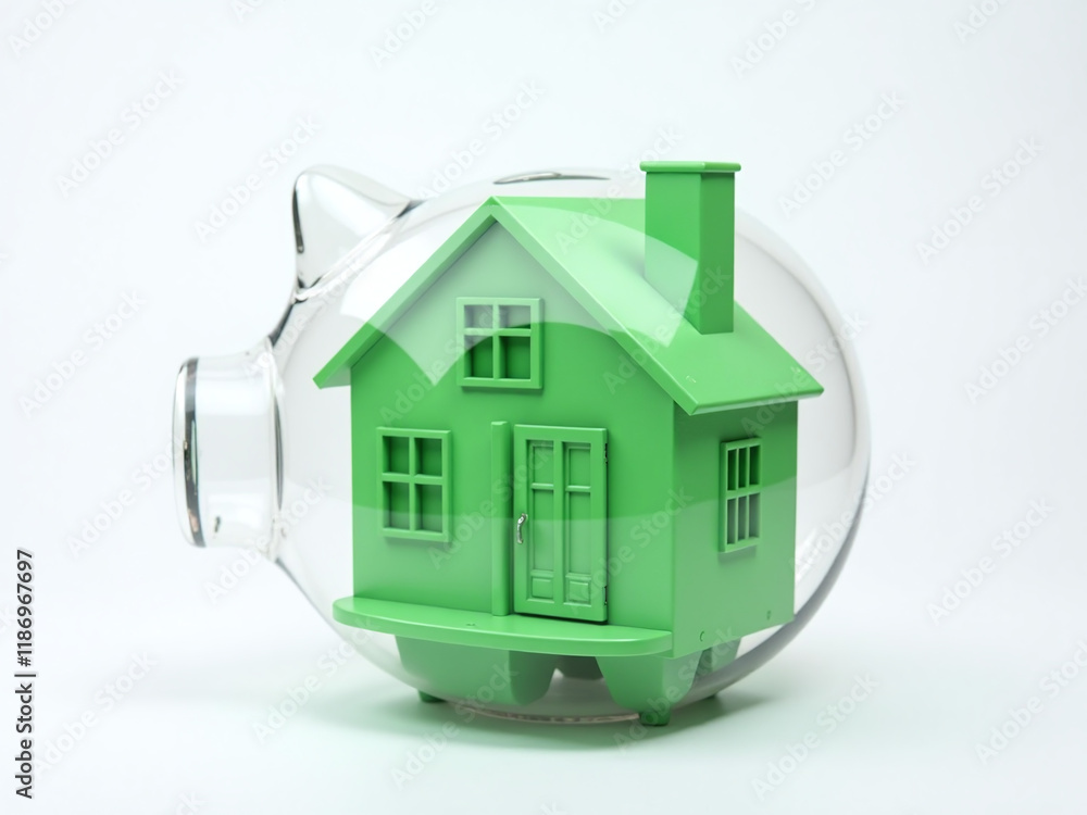 Poster a green model house isolated in a transparent piggy bank is placed on a clean white background to st
