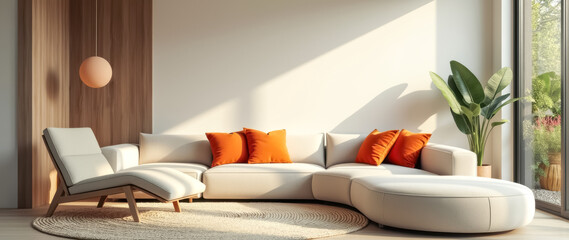 modern curved sectional sofa with burnt pillows a sunlit living room