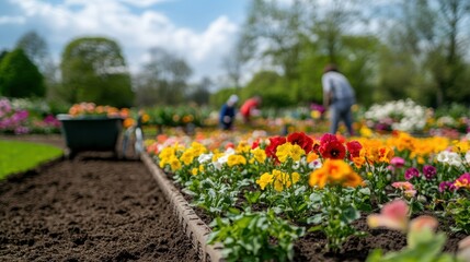 Vibrant flower beds being prepared in a landscaped park