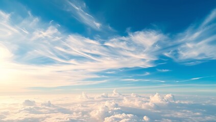 Obraz premium Aerial view of fluffy clouds and blue sky.